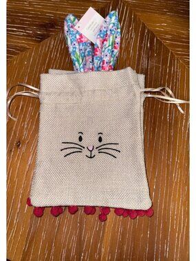 Bunny Burlap Drawstring Pouch With Floral Print Ears & Red Pom-Pom Trim Small Gi